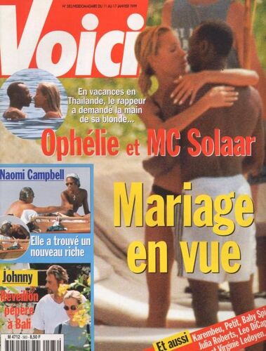 Voici / 11-01-1999  N° 583 : Ophélie Winter / Mc Solaar (2p) - Leonardo Di Caprio / Virginie Ledoyen (2p) - Julia Roberts (1,5p) - Emma Bunton (2p) - Johnny Hallyday (2p) - Naomi Campbell (2p)