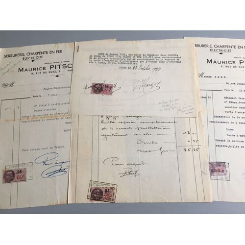 M. Pitsch, Serrurerie, Charpente En Fer, Paris : 3 Factures (Avec 3 Timbres  D.A.  & Reçu Avec Timbre D.A.) 1930/37