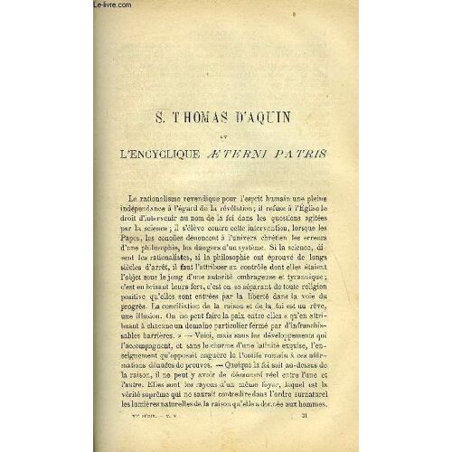Etudes Religieuses, Philosophiques, Historiques Et Littéraires Tome 5 N° 4 - Saint Thomas D Aquin Et L Encyclique Aeterni Patris Par P. Pra, Le Divorce Et Les Doctrines Libérales (2e Article) Par P.(...)