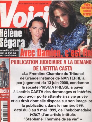 Voici / 11-09-2000  N° 670 : Hélène Ségara / Damien Sargue (2p) - Ben Affleck (1p) - Mel Gibson (1p) - Michelle Pfeiffer (2p) - Patrick Swayze (3/4p) - Zinedine Zidane (1/2p)