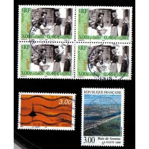 Lot De 6 Timbres Oblitérés Dont 1 Bloc De 4 - Les Oeuvres Des Grands Photgraphes Français : Atget  - Le Gois : Ile De Noirmoutiers -  La Baie De Somme - Yvert 3167,3168,3266 - Années 1998/1999