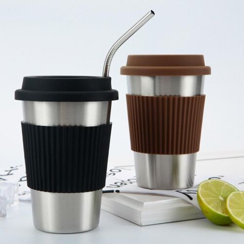 Tasse À Café En Acier Inoxydable, Avec Couvercles En Silicone, Antidérapants, Manchons Anti-Brûlure, Gobelets À Boire, Bière, Lait, Thé, Café, 400ml