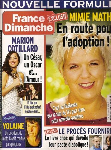 France Dimanche  N° 00003209 : Mimie Mathy, Marion Cotillard, Jean-Luc Reichmann, Danièle Gilbert, Marlène Jobert, Henri Salvador, Gérard Klein, Claude François, Jenifer, Sophie Marceau, Claire Chazal