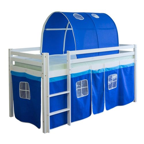 Lit Mezzanine 90x200cm Avec Échelle En Bois Blanc Toile Et Tunnel Bleu Lit06102