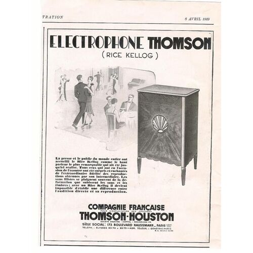 Publicite Electrophone Rice Kellog De " Thomson-Houston " D'avril 1929