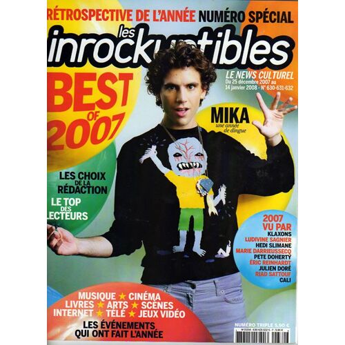 Les Inrockuptibles  N° 630 : Best Of 2007 - 2007 Vu Par: Mika - Klaxons - L. Sagnier - H. Slimane - M. Darieussecq - P. Doherty - E. Reinhardt - Julien Doré - Riad Sattouf - Cali