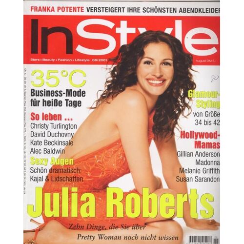 In Style (Edition Allemagne) / 08-2001  N° 8 : Julia Roberts (10p) - Alec Baldwin (3p) - Robbie Williams (1p) - David Duchovny (4p) - Kate Beckinsale (6p)