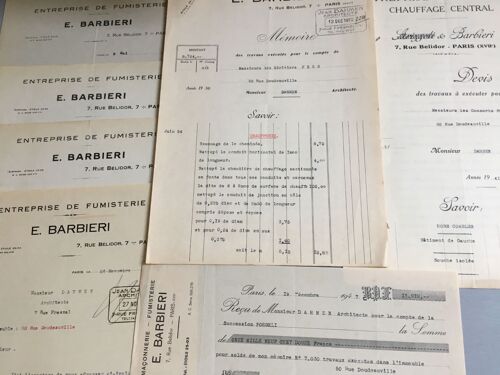 E. Barbieri, Entreprise De Fumisterie , Paris : 2 Reçus (1947/48) / 5 Lettres (1938/50) / 5 Devis (12 Feuillets - 1940/41) & 1 Mémoire Des Travaux (2 Feuillets-1950)
