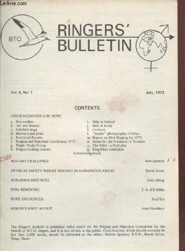 The Ringers Bulletin Vol.4 N°1 July 1972. Sommaire : Ring Removing - Repairing Mist-Nets - Kingfisher Confusion - Ringers Training Courses - Cuckoos - Etc.