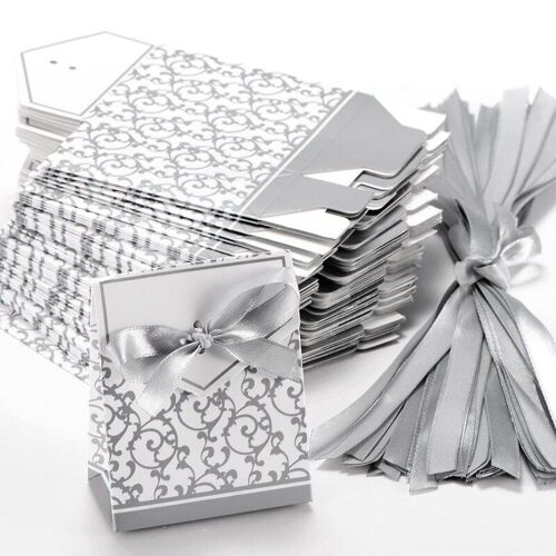 Boite a Dragee pour décoration de mariage, 50 pièces, accessoire de Table, baptême, fleur, Fete Argente
