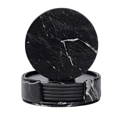 Sous-Verres Pour Boissons 6 Pièces Avec Support, Marbre Noir Rond Tasse Tapis Ensemble De Tapis De Maison Et De Cuisine