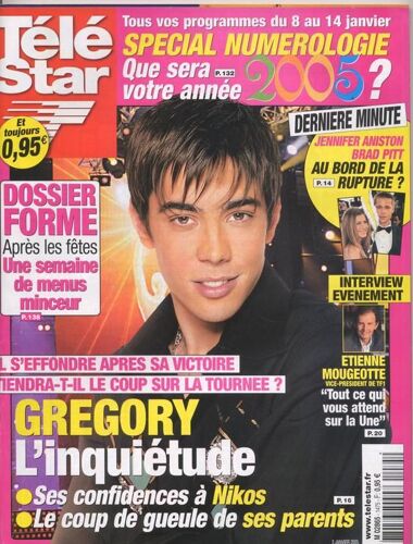 Télé Star / 03-01-2005  N° 1475 : Grégory Lemarchal (3p) - Jennifer Aniston / Brad Pitt (1p) - Kyo (1p) - George Clooney (1p) - Michelle Pfeiffer (1p) - Colin Farrell / Angelina Jolie (1p)