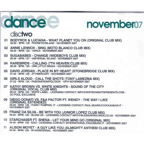 Dance Hits Cd 2 - November 2007 - Annie Lennox - Sugababes - David Jordan - Franz Da Silva - Alison Moyet - Bodyrox - Etc ...