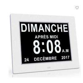 Horloge Calendrier avec Date Jour Heure Grande Alarme Auto Dimming pour Les Personnes agées - Alzheimer et Les Enfants-Blanc