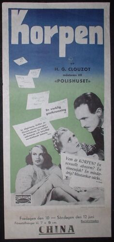 Le Corbeau * Henri Georges Clouzot - Film 1943 - Affiche De Cinéma Ancienne Suedoise - 33x70 Cm Movie Poster * Pierre Fresnay ; Pierre Larquey ; Micheline Francey