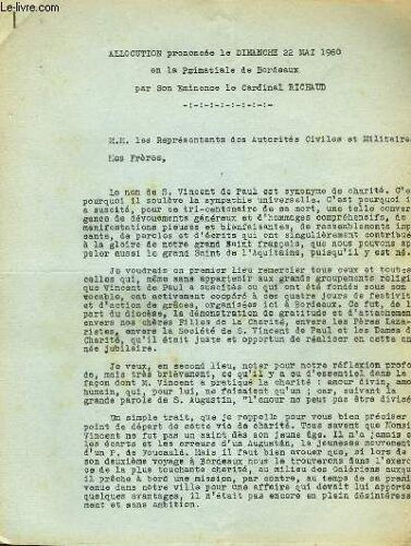 Allocution Prononcee Le Dimanche 22 Mai 1960