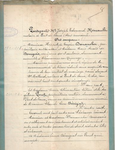 Acte Notarié Du 24 Novembre 1913 Passé Chez Me Meneault Notaire À Pont De Vaux (Ain) Échange Entre Danancher Bourgeois Et Béreiziat Née Penet
