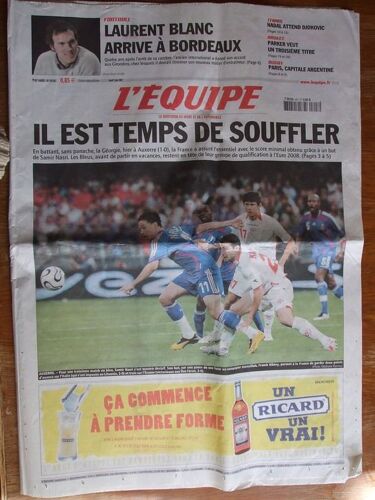 L'equipe  N° 19334 : Laurent Blanc Arrive A Bordeaux. Il Est Temps De Souffler Auxerre France Géorgie