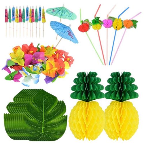 150pcs Ensemble De Decorations De Fête Hawa?Enne Tropicale Comprend Des Feuilles De Palmier Tropicales Hibiscus Fleurs Papier De Soie Ananas Fruits