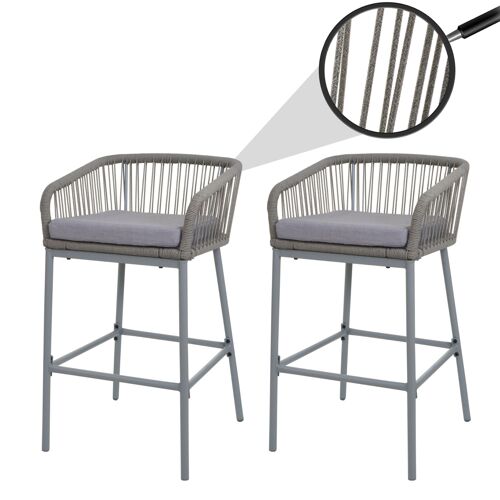 Lot De 2 Tabourets De Bar Rope Hwc-O22, Tabouret De Bar, Outdoor Assise Rembourrée Corde Tressée Métal   Gris Clair, Coussin Gris Clair