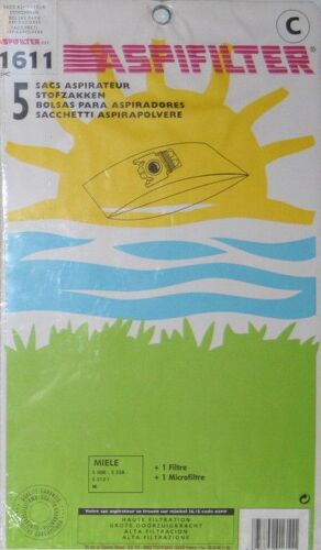 Aspifilter 1611 - Lot de 5 sacs aspirateur  pour MIELE S 500 - S 558 - S 512 I - M + 1 filtre et 1 microfiltre