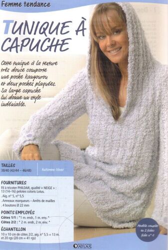 3 Fiches Modèle Tricot : Modèle Présenté  + 2 Au Choix N° 1 : Tunique À Capuche Femme