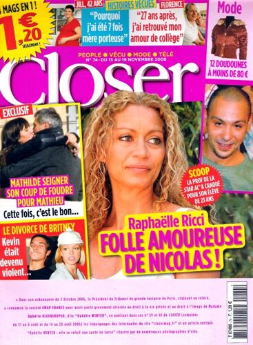 Closer  N° 74 : Raphaëlle Ricci Folle Amoureuse De Nicolas
