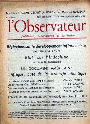 Observateur (L') N° 86 Du 03/01/1952
