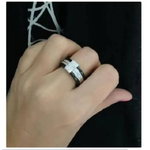 Bague - Pavé Zirconium - Argent 925/1000 - Céramique Noire - Taille 54 - Femme