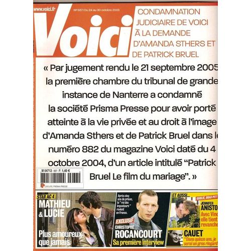 Voici  N° 937 : Cauet (Interview), Jennifer Aniston, Jean-Hugues Anglade, Steevy Boulay, Lucie & Mathieu, Daniel Craig, Russell Crowe, Christophe Rocancourt, Justin Timberlake