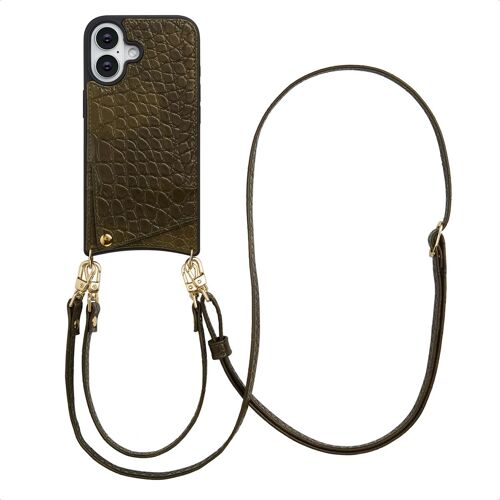 Selencia Coque De Télephone Nova Croco Avec Cordon Et Porte-Cartes Iphone 16 Dark Olive