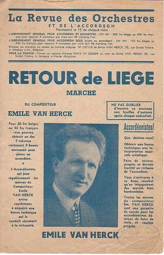 Retour De Liège - Marche Compositeur : Emile Van Herck Partition Pour Accordéon Ou Piano Editions Hetty