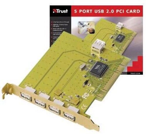 Trust 5 ports UBS 2.0 Carte PCI Carte PCI 5 ports USB 2.0 haute vitesse - 4 connecteurs USB externes et 1 interne - Solution parfaite pour transmission de données vidéo...