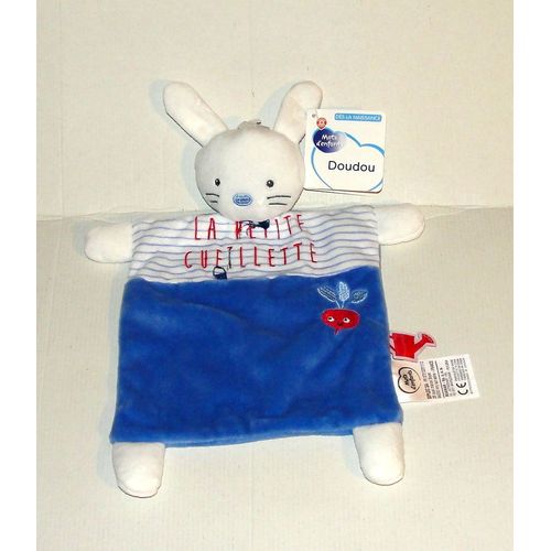 Lapin Bleu Blanc Rouge Brodé Petite Cueillette Et D Un Radis Avec Ecusson Arrosoir Doudou Plat Peluche Mots D'enfant 34cm