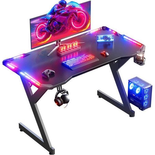 Hlonone Led Bureau Gaming 100 X 55 Cm, Avec Porte-Gobelet Et Crochet Pour Casque, Table Gaming Noire