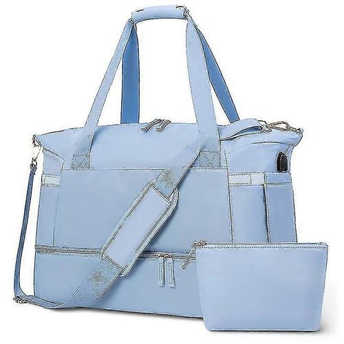 Sac de sport pour femme, sac de voyage avec port de charge USB, sac de week-end avec poche humide et compartiment à chaussures - Bleu ciel