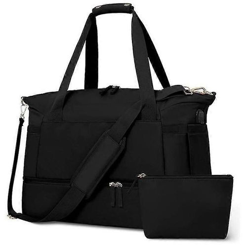 Sac de sport pour femme, sac de voyage avec port de charge USB, sac de week-end avec poche humide et compartiment à chaussures - Noir