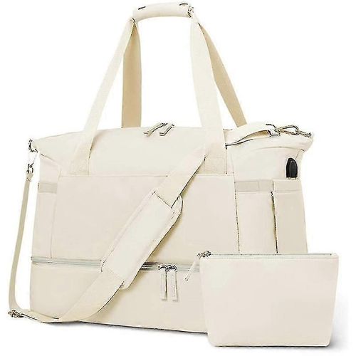 Sac de sport pour femme, sac de voyage avec port de chargement USB, sac de week-end avec poche humide et compartiment à chaussures - Beige