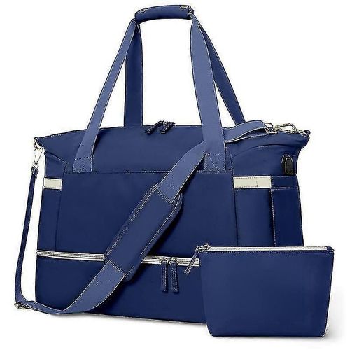 Sac de sport pour femme, sac de voyage avec port de charge USB, sac de week-end avec poche humide et compartiment à chaussures - Bleu