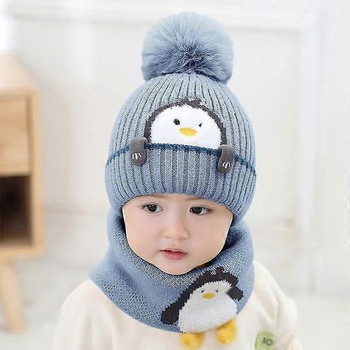 Bonnet Écharpe À Pompon Motif Animal De Dessin Animé - Bleu