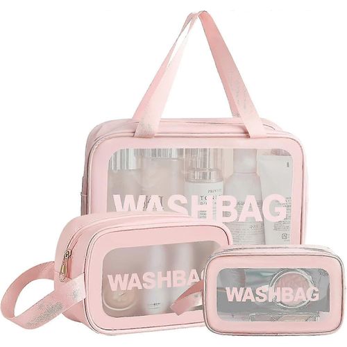 Trousse de toilette transparente, 3 pièces, trousse de maquillage, trousse de toilette étanche en PVC, grande capacité, pour femmes et filles (rose)