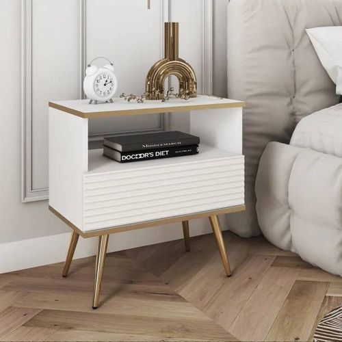Table De Chevet Komodee Banff Sto2 Jambes Métalliques Dorées Blanc Blanc 39 X 54 X 59 Cm