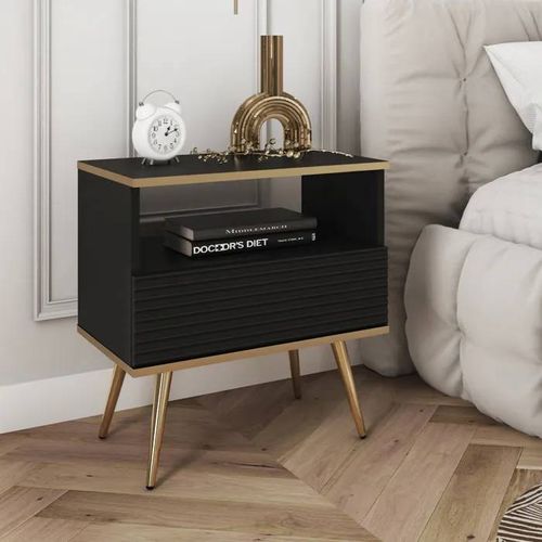 Table De Chevet Komodee Banff Sto2 Jambes Métalliques Dorées Noir Noir 39 X 54 X 59 Cm