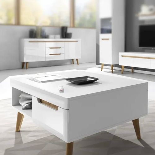 Table Basse Komodee Sudburry Sto1 Façades Brillantes En Mdf Blanc Blanc 67 X 107 X 46 Cm