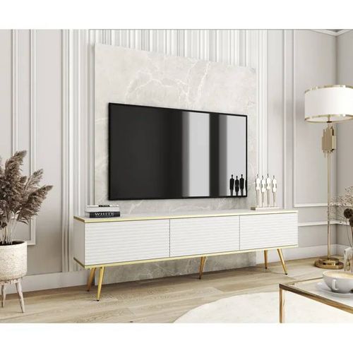Meuble Tv Komodee Banff Rtv8 Jambes Métalliques Dorées Blanc Blanc 32 X 175 X 53 Cm