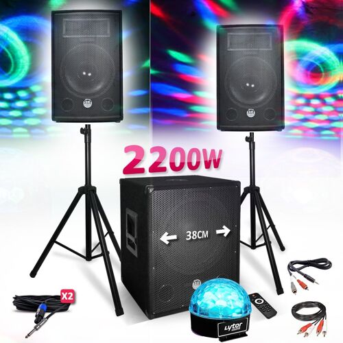 Kit PACK SONO 1512 2200W Enceintes + Subwoofer USB/BLUETOOTH + Pieds + Lumière Sixmagic