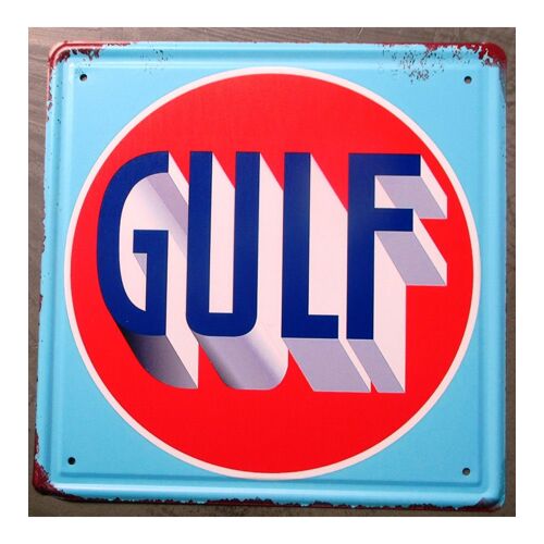Plaque Deco Gulf Bleu Et Orange 30x30cm Tole Huile Aspect Vieillit Vintage