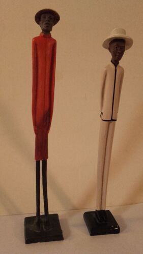 Lot De 2 Statuettes Art Colonial Longilignes Serviteurs Indigenes 27+29.5 Cm Bois Et Metal