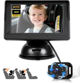 Vechtel Caméra De Surveillance Pour Bébé Hd,Écran 4,3 Pouces Avec Caméra De Siège Arrière, Prise Allume-Cigare, Rétroviseur De Sécurité Rotatif À 360° Pour Sièges Bébé Orientés Vers L'Arrière