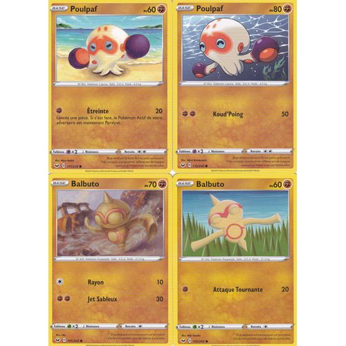 4 Cartes Pokemon - Poulpaf 112/202 - Poulpaf 111/202 - Balbuto 101/202 - Balbuto 102/202 - Épée Et Bouclier